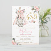Tribal Boho Elephant Pink Girl Baby shower Kaart (Staand voorkant)