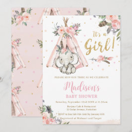 Tribal Boho Elephant Pink Girl Baby shower Kaart