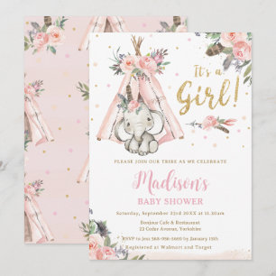 Tribal Boho Elephant Pink Girl Baby shower Kaart