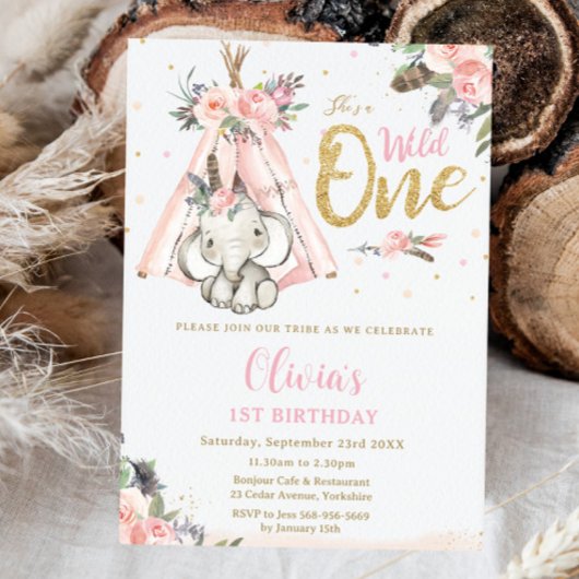 Tribal Boho Elephant Pink Wild One 1st Birthday Kaart