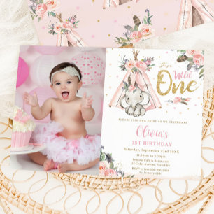 Tribal Boho Elephant Wild One 1st Birthday Afbeeld Kaart