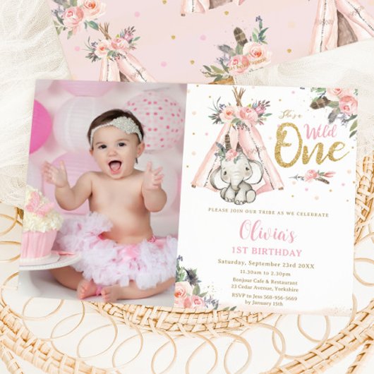 Tribal Boho Elephant Wild One 1st Birthday Afbeeld Kaart