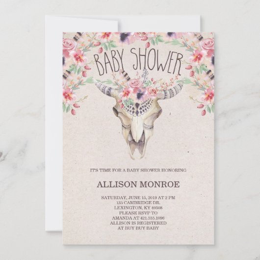 Tribal Boho en Bloemen Baby shower Uitnodiging (Voorkant)