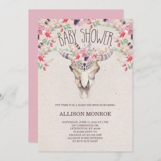Tribal Boho en Bloemen Baby shower Uitnodiging (Voorkant / Achterkant)