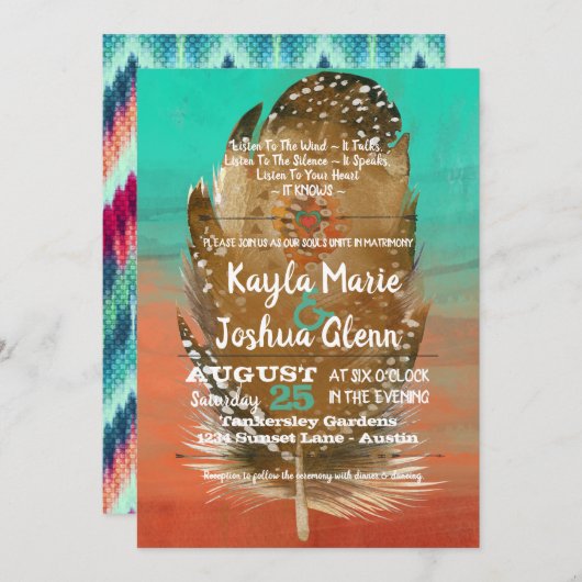 Tribal Boho Feather Blauwgroen Oranje bruiloft Kaart (Voorkant / Achterkant)