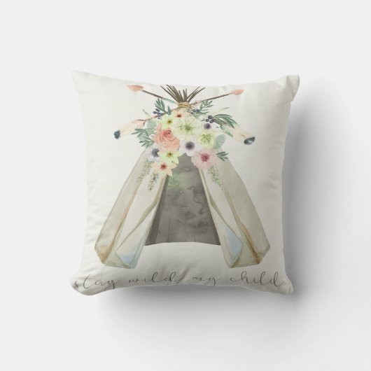 Tribal Boho Floral Teepee Blijf Wild Kind Pillow Kussen (Voorkant)