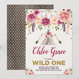 Tribal Boho Floral WILD ONE Verjaardagsfeestje Tip Kaart