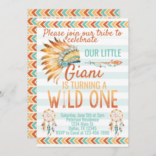 Tribal Boho Headdress Birthday Party Invitation Kaart (Voorkant / Achterkant)