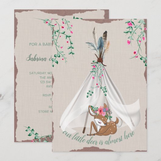 Tribal Boho Tipi- en Hertenkoppel Baby Shower Kaart (Voorkant / Achterkant)
