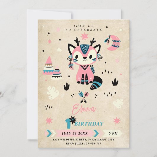 Tribal Boho Woodland Animals Wild Een 1e Verjaarda Kaart (Voorkant)