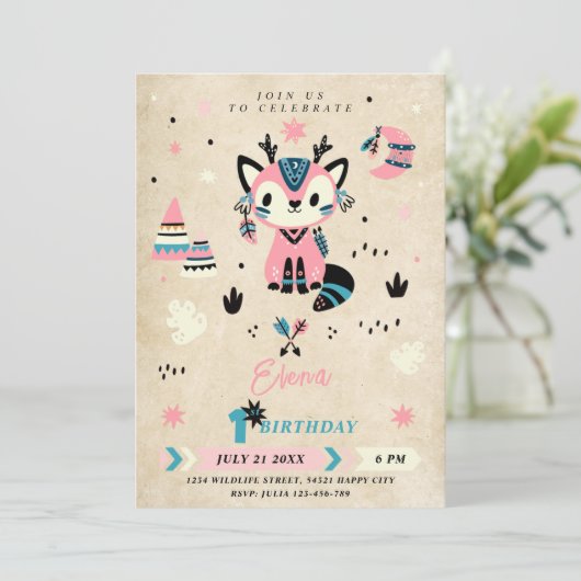 Tribal Boho Woodland Animals Wild Een 1e Verjaarda Kaart (Staand voorkant)