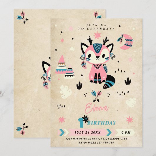 Tribal Boho Woodland Animals Wild Een 1e Verjaarda Kaart (Voorkant / Achterkant)