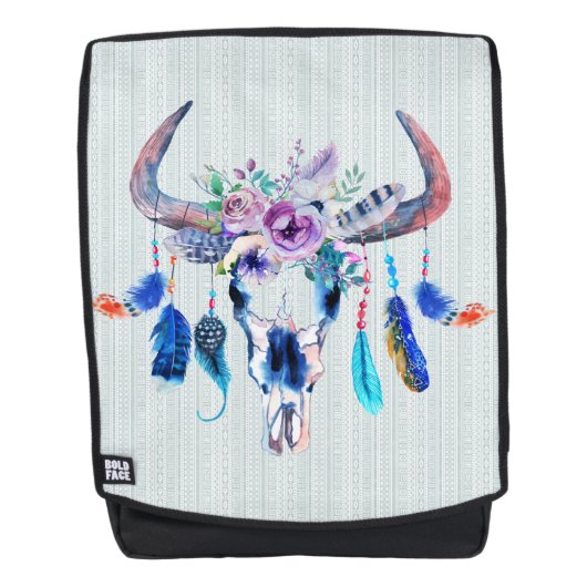 Tribal Buffalo Scull Bloemen & Veren Rugtassen (Voorkant)