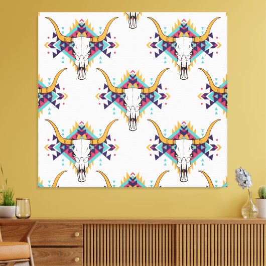 Tribal Bull Skull: Boho naadloos Canvas Afdruk (Insitu (Woonkamer))