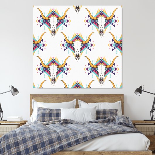 Tribal Bull Skull: Boho naadloos Canvas Afdruk (Insitu (Slaapkamer))