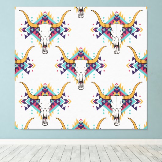Tribal Bull Skull: Boho naadloos Canvas Afdruk (Insitu (Houten vloer))