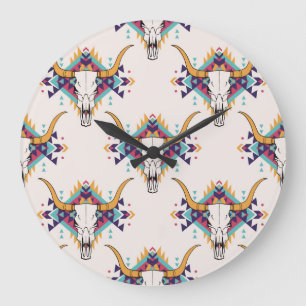 Tribal Bull Skull: Boho naadloos Grote Klok