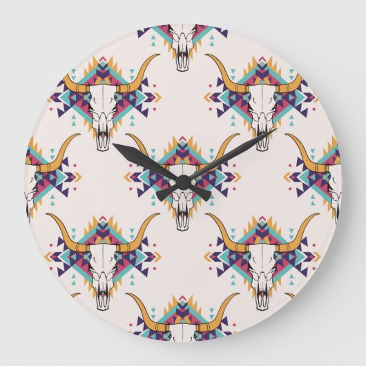 Tribal Bull Skull: Boho naadloos Grote Klok (Voorkant)