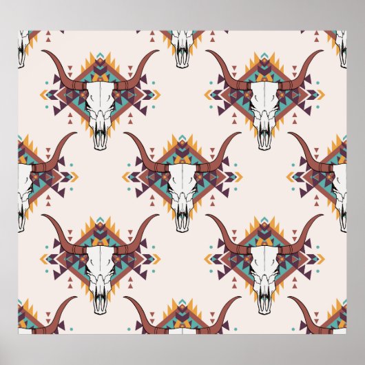 Tribal Bull Skull: Boho naadloos Poster (Voorkant)