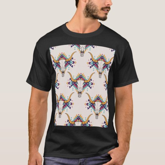 Tribal Bull Skull: Boho naadloos T-shirt (Voorkant)