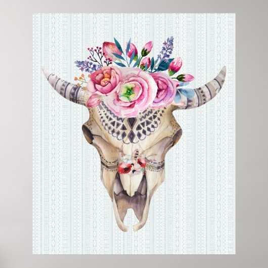 Tribal Bull Skull & Roze Waterverven Flowers Poster (Voorkant)