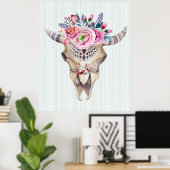 Tribal Bull Skull & Roze Waterverven Flowers Poster (Thuiskantoor)