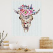 Tribal Bull Skull & Roze Waterverven Flowers Poster (Keuken)
