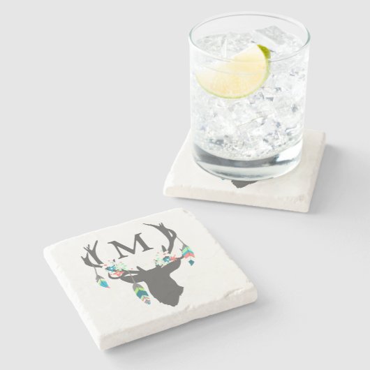 Tribal Deer Head Monogramed Stone Onderzetter (Zijkant)