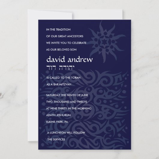 TRIBAL DESIGN Bar Bat Mitzvah Invitation Blue Kaart (Voorkant)