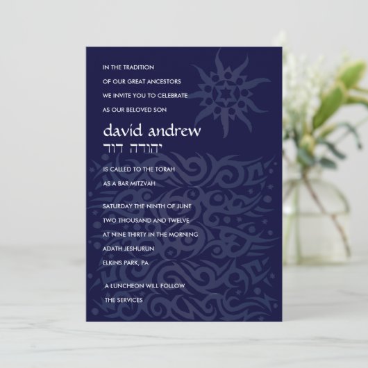 TRIBAL DESIGN Bar Bat Mitzvah Invitation Blue Kaart (Staand voorkant)