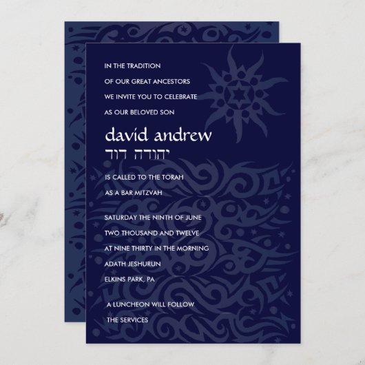 TRIBAL DESIGN Bar Bat Mitzvah Invitation Blue Kaart (Voorkant / Achterkant)