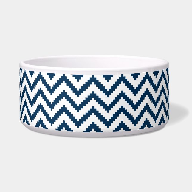 Tribal Dog Bowl, Navy Blue en White Chevron Voerbakje (Voorkant)