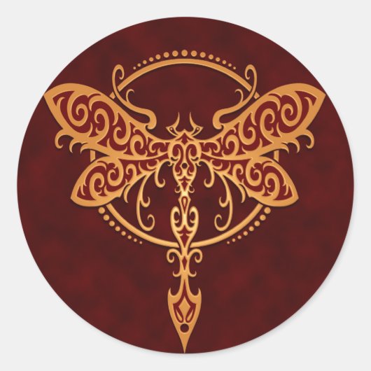 Tribal Dragonfly, Gouden Rood Ronde Sticker (Voorkant)