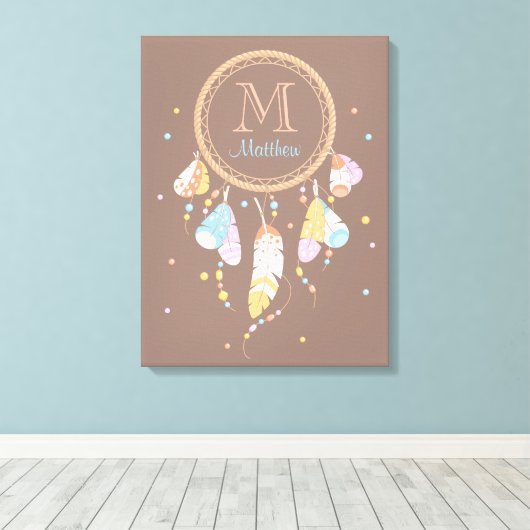 Tribal Dreamcatcher Boho Brown Monogram Initiaal Canvas Afdruk (Insitu (Houten vloer))