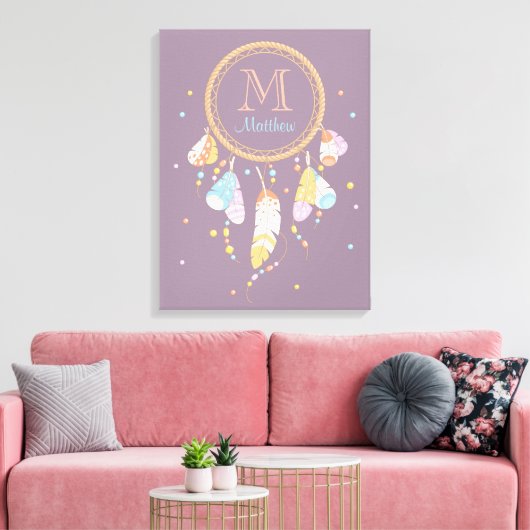 Tribal Dreamcatcher Boho Paarse Monogram Initiaal Canvas Afdruk (Insitu (Woonkamer))