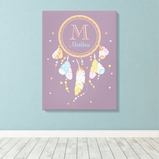 Tribal Dreamcatcher Boho Paarse Monogram Initiaal Canvas Afdruk (Insitu (Houten vloer))