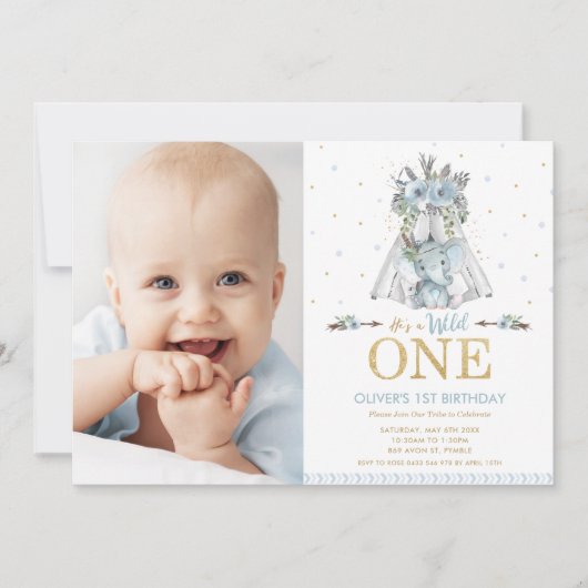 Tribal Elephant Boy Wild One 1st Birthday Foto Kaart (Voorkant)