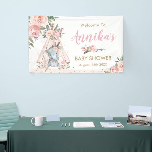 Tribal Elephant Pink Floral Baby shower Backdrop Spandoek (Beurs)