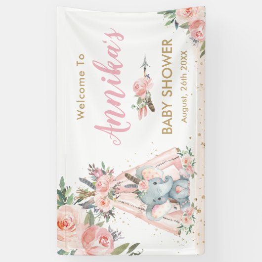 Tribal Elephant Pink Floral Baby shower Backdrop Spandoek (Verticaal)