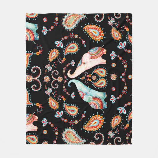 Tribal Elephant: Waterverf Paisley Pattern. Fleece Deken (Voorkant)