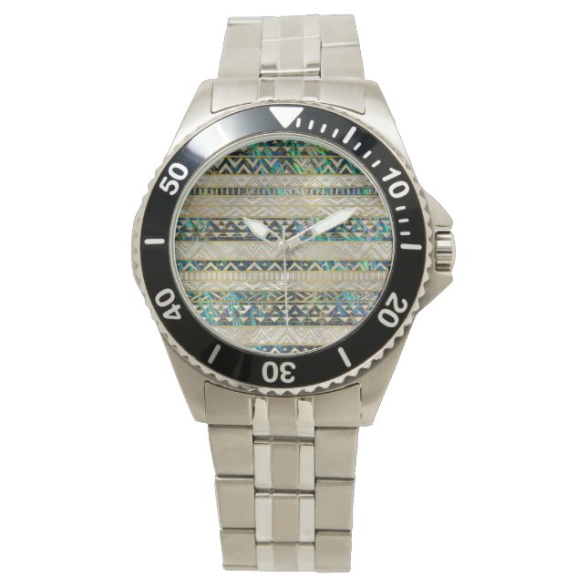 Tribal Etnisch Patroon Goud op Abalone Shell Parel Horloge (Voorkant)