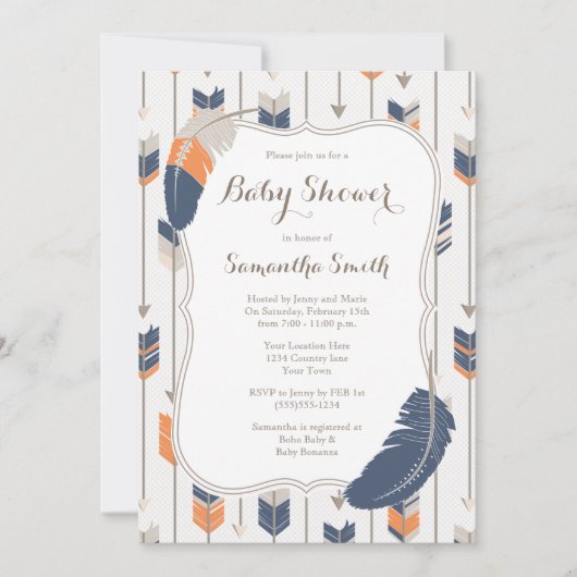 Tribal Feather Arrows Baby shower Navy Sinaasappel Kaart (Voorkant)