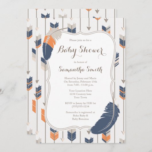 Tribal Feather Arrows Baby shower Navy Sinaasappel Kaart (Voorkant / Achterkant)