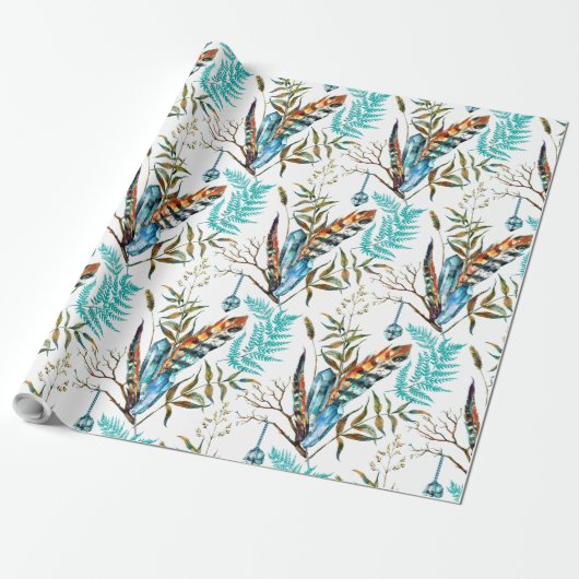 Tribal Feather & Hangende Blauw Cristal Patroon Cadeaupapier (Uitgerold)