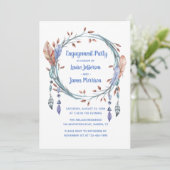 Tribal Feathers Blue Boho Engagement Party Kaart (Staand voorkant)
