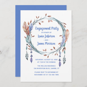 Tribal Feathers Blue Boho Engagement Party Kaart