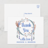 Tribal Feathers Blue Boho Wedding Bedankt Briefkaart (Voorkant / Achterkant)