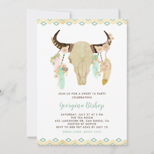 Tribal Floral schedel en veren Zoet Zestien Kaart (Voorkant)