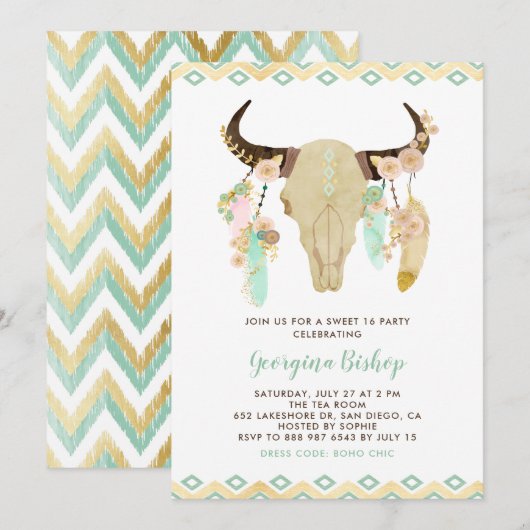 Tribal Floral schedel en veren Zoet Zestien Kaart (Voorkant / Achterkant)