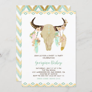 Tribal Floral schedel en veren Zoet Zestien Kaart